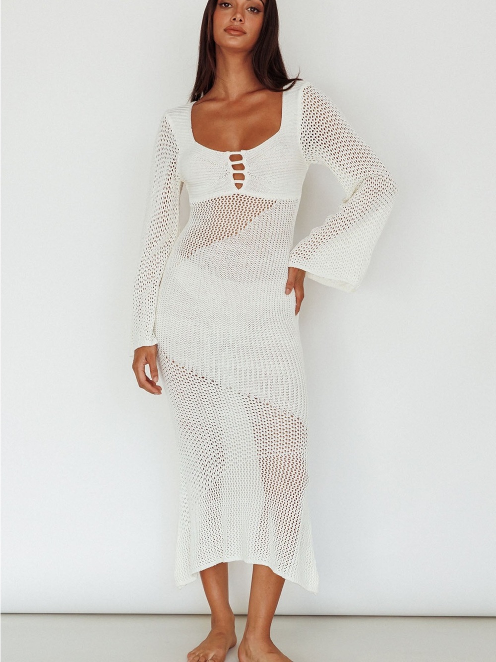 Lucy in the Sky Long Sleeve Crochet Maxi Dress White Size Medium